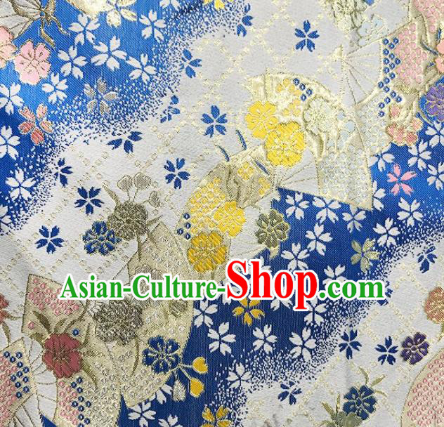 Asian Japanese Kimono Fabric Classical Fan Pattern Design Deep Blue Brocade Traditional Drapery Silk Material
