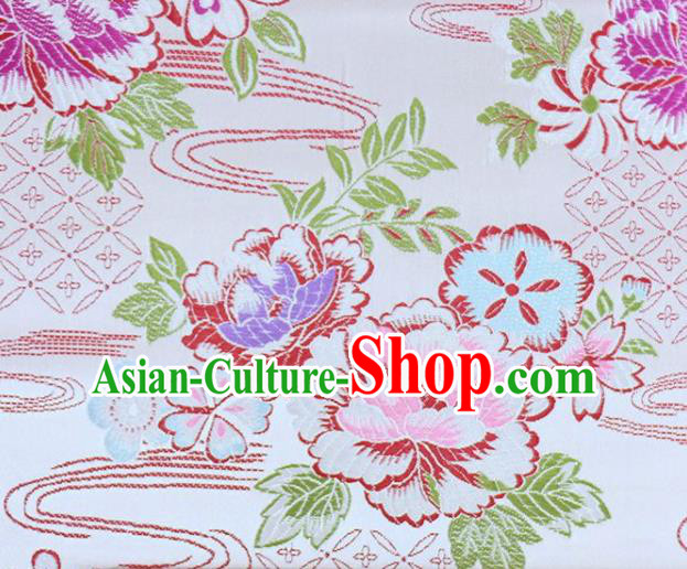 Asian Chinese Fabric White Satin Classical Peony Pattern Design Brocade Traditional Drapery Silk Material