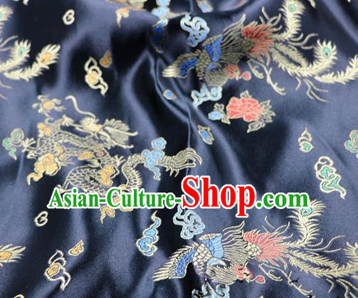 Asian Chinese Classical Dragon Phoenix Pattern Design Black Satin Fabric Brocade Traditional Drapery Silk Material