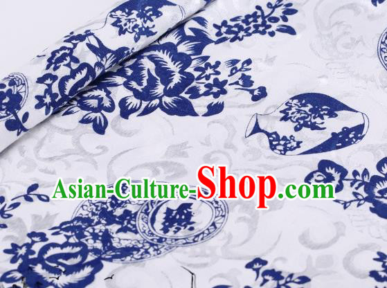 Asian Chinese Classical Blue Vase Pattern Design Satin Fabric Brocade Traditional Drapery Silk Material