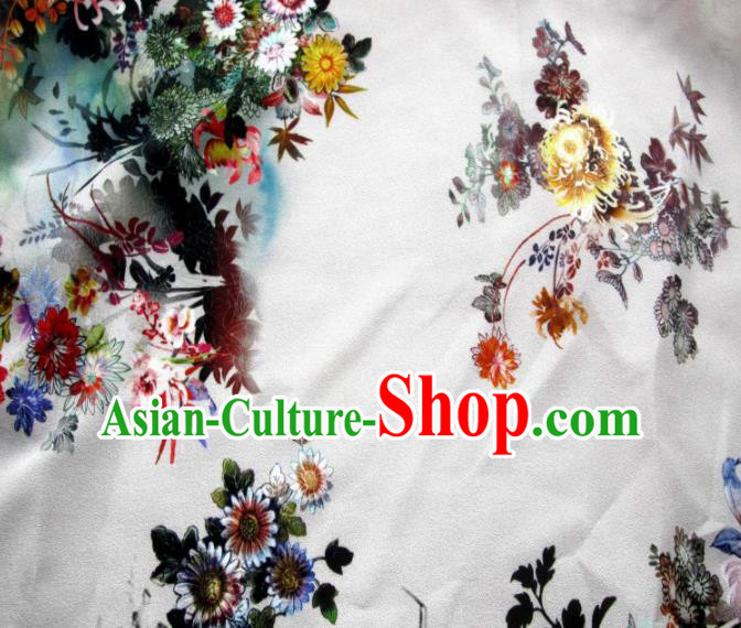 Asian Chinese Classical Chrysanthemum Pattern Design White Satin Fabric Brocade Traditional Drapery Silk Material