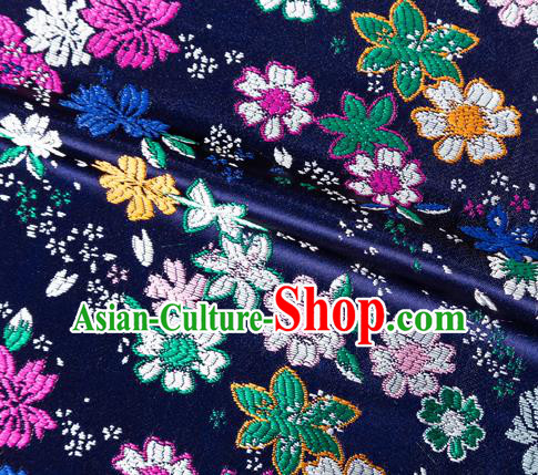 Asian Japanese Kimono Fabric Classical Flowers Pattern Design Navy Brocade Traditional Drapery Silk Material