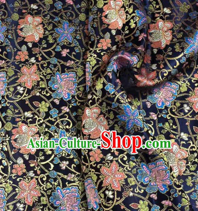 Asian Japanese Kimono Fabric Classical Tang Flowers Pattern Design Black Brocade Traditional Drapery Silk Material