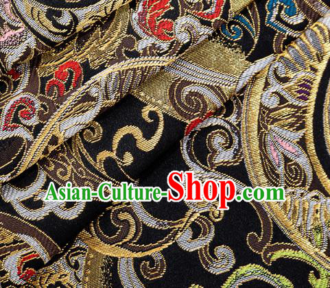 Asian Japanese Kimono Fabric Classical Pattern Design Black Brocade Traditional Drapery Silk Material