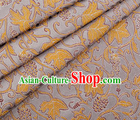 Asian Japanese Kimono Fabric Classical Grape Pattern Design Grey Brocade Traditional Drapery Silk Material