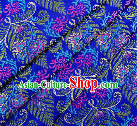 Asian Chinese Classical Cycas Flowers Pattern Design Royalblue Satin Fabric Brocade Traditional Drapery Silk Material