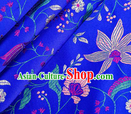 Asian Chinese Classical Embroidered Flowers Pattern Design Royalblue Satin Fabric Brocade Traditional Drapery Silk Material