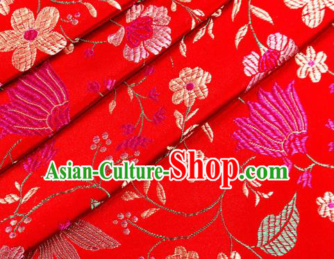 Asian Chinese Classical Embroidered Flowers Pattern Design Red Satin Fabric Brocade Traditional Drapery Silk Material