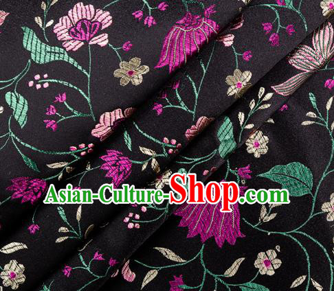 Asian Chinese Classical Embroidered Flowers Pattern Design Black Satin Fabric Brocade Traditional Drapery Silk Material