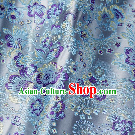 Asian Chinese Classical Flowers Pattern Design Blue Satin Fabric Brocade Traditional Drapery Silk Material