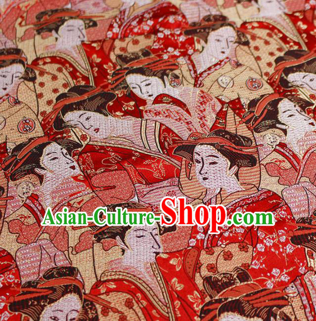 Asian Japanese Kimono Red Satin Fabric Classical Geisha Pattern Design Brocade Traditional Drapery Silk Material
