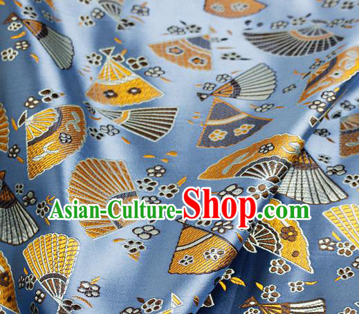 Asian Japanese Classical Fans Pattern Design Blue Brocade Kimono Satin Fabric Damask Traditional Drapery Silk Material