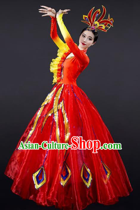 Chinese Modern Dance Red Dress Opening Dance Stage Performance Costume for Women