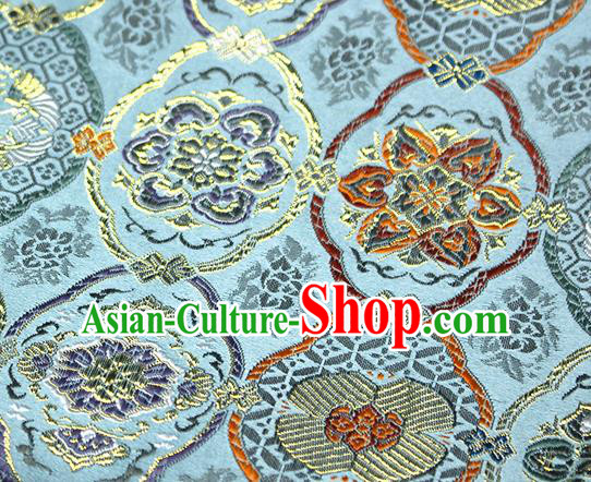 Asian Japanese Kimono Satin Fabric Classical Pattern Design Blue Brocade Damask Traditional Drapery Silk Material