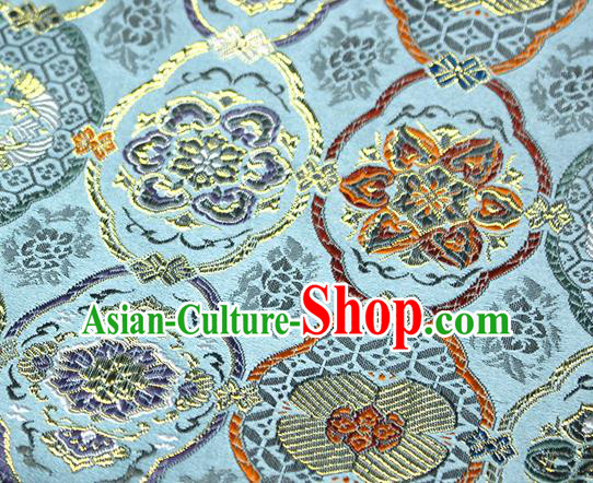 Asian Japanese Kimono Satin Fabric Classical Pattern Design Blue Brocade Damask Traditional Drapery Silk Material