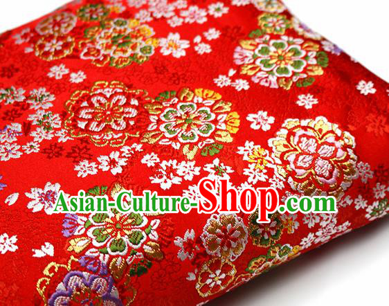 Asian Japanese Kimono Satin Fabric Classical Sakura Pattern Design Red Brocade Damask Traditional Drapery Silk Material