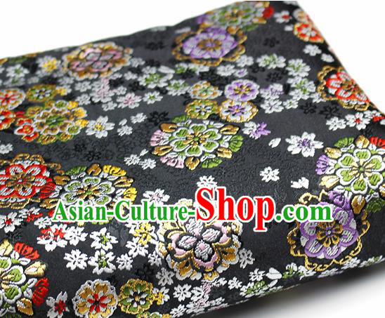Asian Japanese Kimono Satin Fabric Classical Sakura Pattern Design Black Brocade Damask Traditional Drapery Silk Material