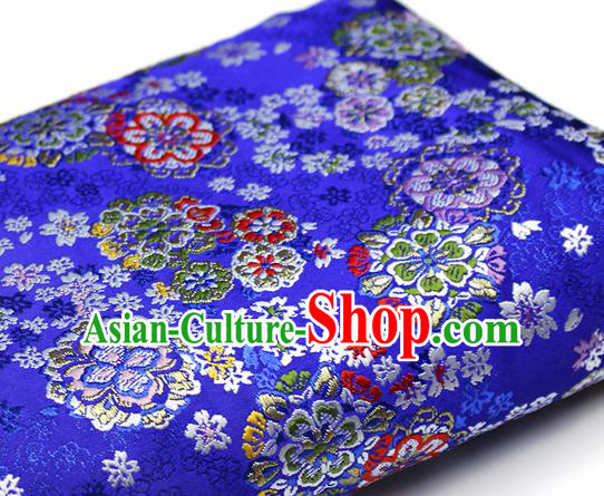 Asian Japanese Kimono Satin Fabric Classical Sakura Pattern Design Royalblue Brocade Damask Traditional Drapery Silk Material