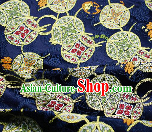 Asian Japanese Kimono Satin Fabric Classical Copper Pattern Design Navy Brocade Damask Traditional Drapery Silk Material