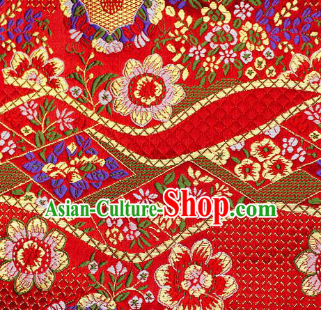 Asian Japanese Classical Flowers Pattern Design Red Brocade Kimono Satin Fabric Damask Traditional Drapery Silk Material