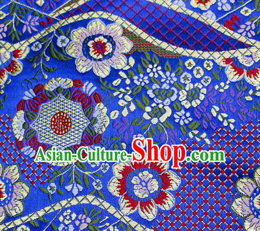 Asian Japanese Classical Flowers Pattern Design Royalblue Brocade Kimono Satin Fabric Damask Traditional Drapery Silk Material