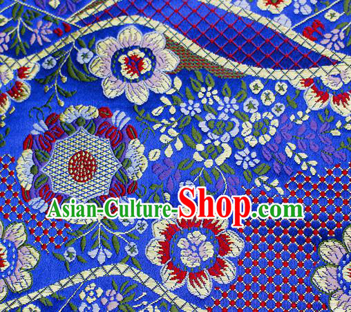 Asian Japanese Classical Flowers Pattern Design Royalblue Brocade Kimono Satin Fabric Damask Traditional Drapery Silk Material