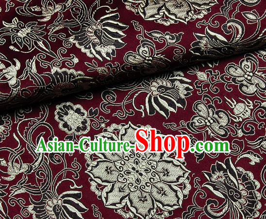 Chinese Classical Rosette Pattern Design Wine Red Satin Fabric Brocade Asian Traditional Drapery Silk Material