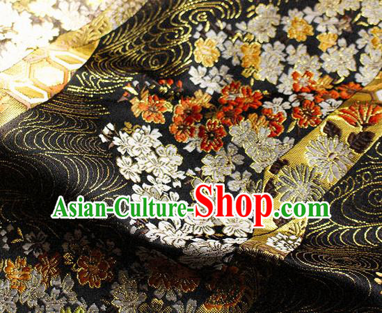 Asian Japanese Classical Sakura Pattern Design Black Brocade Kimono Satin Fabric Damask Traditional Drapery Silk Material