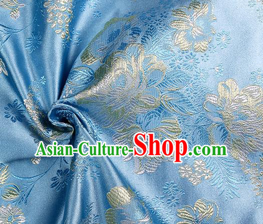 Chinese Classical Peony Pattern Design Blue Satin Fabric Brocade Asian Traditional Drapery Silk Material