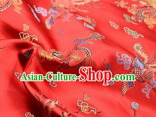 Asian Chinese Classical Dragon Phoenix Pattern Design Red Satin Fabric Brocade Traditional Drapery Silk Material