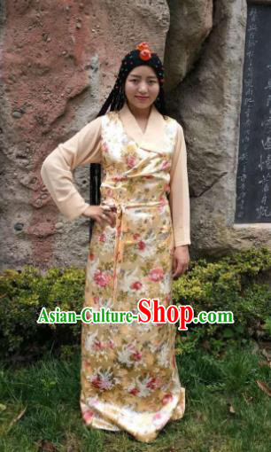 Chinese Traditional Zang Nationality Female Dress Tibetan Dance Ethnic Costume for Women