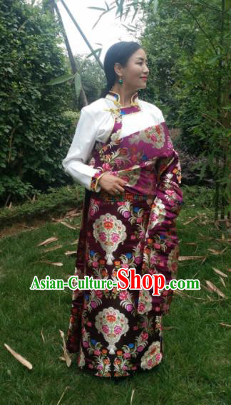 Chinese Traditional Zang Nationality Female Dress Ethnic Dance Costume Purple Tibetan Robe for Women