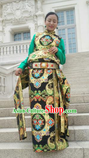 Chinese Traditional Zang Nationality Female Dress Ethnic Dance Costume Black Tibetan Robe for Women