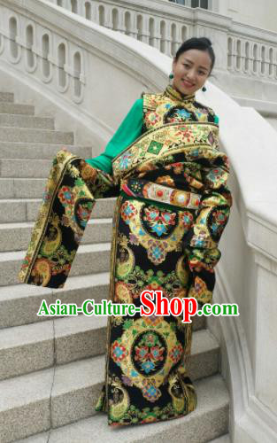 Chinese Traditional Zang Nationality Female Dress Ethnic Dance Costume Black Tibetan Robe for Women
