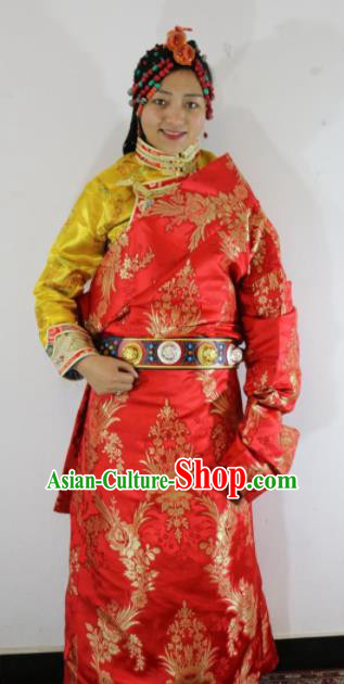 Chinese Traditional Zang Nationality Female Dress Red Tibetan Robe Ethnic Dance Costume for Women