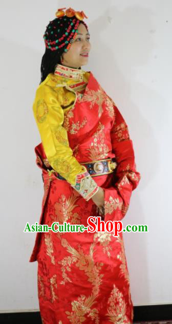 Chinese Traditional Zang Nationality Female Dress Red Tibetan Robe Ethnic Dance Costume for Women