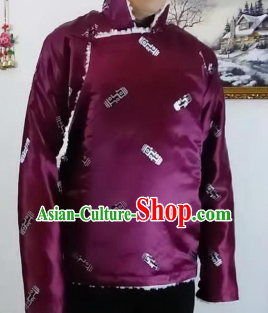 Chinese Traditional Zang Nationality Purple Cotton Padded Jacket Tibetan Ethnic Dance Costume for Men