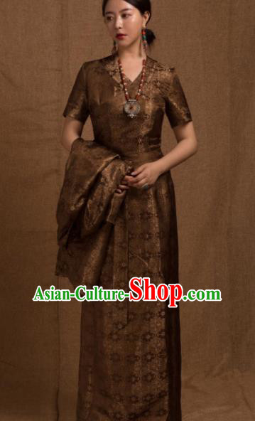 Chinese Traditional Ethnic Bride Tibetan Robe Zang Nationality Female Bronze Dress Costume for Women