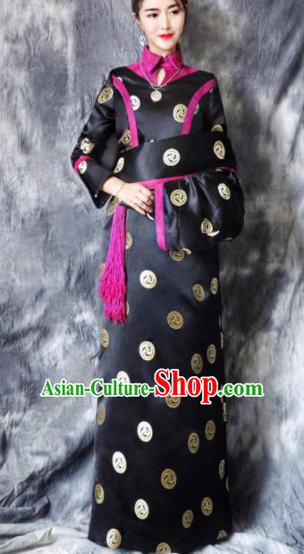 Chinese Traditional Ethnic Bride Black Tibetan Robe Zang Nationality Female Dress Costume for Women