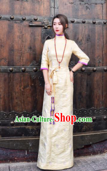 Chinese Traditional Ethnic Bride Tibetan Robe Zang Nationality Female Yellow Silk Dress Costume for Women