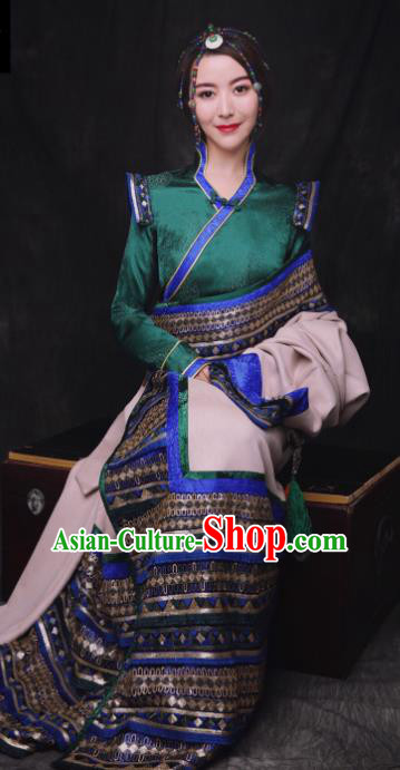 Chinese Traditional Ethnic Bride Royalblue Tibetan Robe Zang Nationality Female Dress Costume for Women