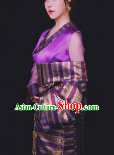 Chinese Traditional Ethnic Bride Purple Tibetan Robe Zang Nationality Female Dress Costume for Women