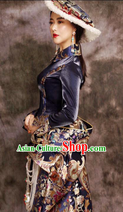 Chinese Traditional Ethnic Bride Navy Tibetan Robe Zang Nationality Female Dress Costume for Women