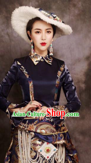 Chinese Traditional Ethnic Bride Navy Tibetan Robe Zang Nationality Female Dress Costume for Women