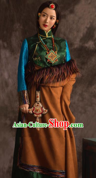 Chinese Traditional Ethnic Bride Brown Tibetan Robe Zang Nationality Female Dress Wedding Costume for Women