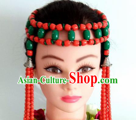 Chinese Traditional Mongol Nationality Green Beads Tassel Hair Clasp Mongolian Ethnic Dance Headband Accessories for Women