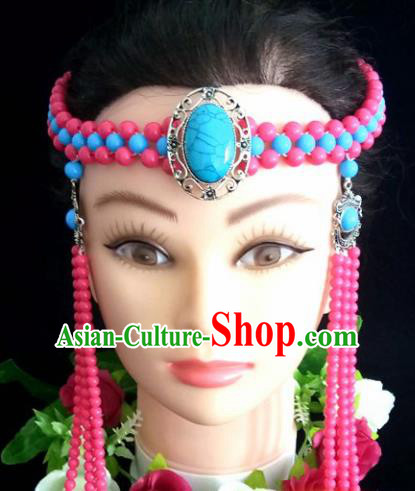 Chinese Traditional Mongol Nationality Pink Beads Tassel Hair Clasp Mongolian Ethnic Dance Headband Accessories for Women