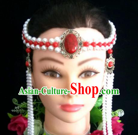 Chinese Traditional Mongol Nationality White Beads Tassel Hair Clasp Mongolian Ethnic Dance Headband Accessories for Women