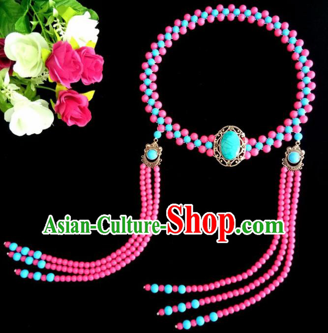 Chinese Traditional Mongol Nationality Pink Beads Tassel Hair Clasp Mongolian Ethnic Dance Headband Accessories for Women