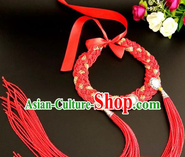 Chinese Traditional Mongol Nationality Weave Red Tassel Hair Clasp Mongolian Ethnic Dance Headband Accessories for Women